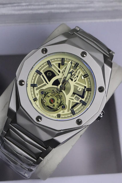 HB Men's Automatic Skeleton Wristwatch | Industrial-Chic Stainless Steel ( without box) Case with Genuine Leather Strap | Self-Winding Mechanical Movement ( BLACK )