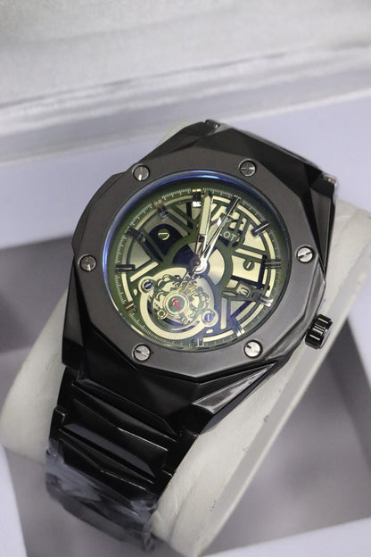 HB Men's Automatic Skeleton Wristwatch | Industrial-Chic Stainless Steel ( without box) Case with Genuine Leather Strap | Self-Winding Mechanical Movement ( BLACK )