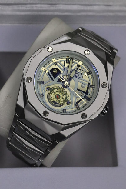 HB Men's Automatic Skeleton Wristwatch | Industrial-Chic Stainless Steel ( without box) Case with Genuine Leather Strap | Self-Winding Mechanical Movement ( BLACK )