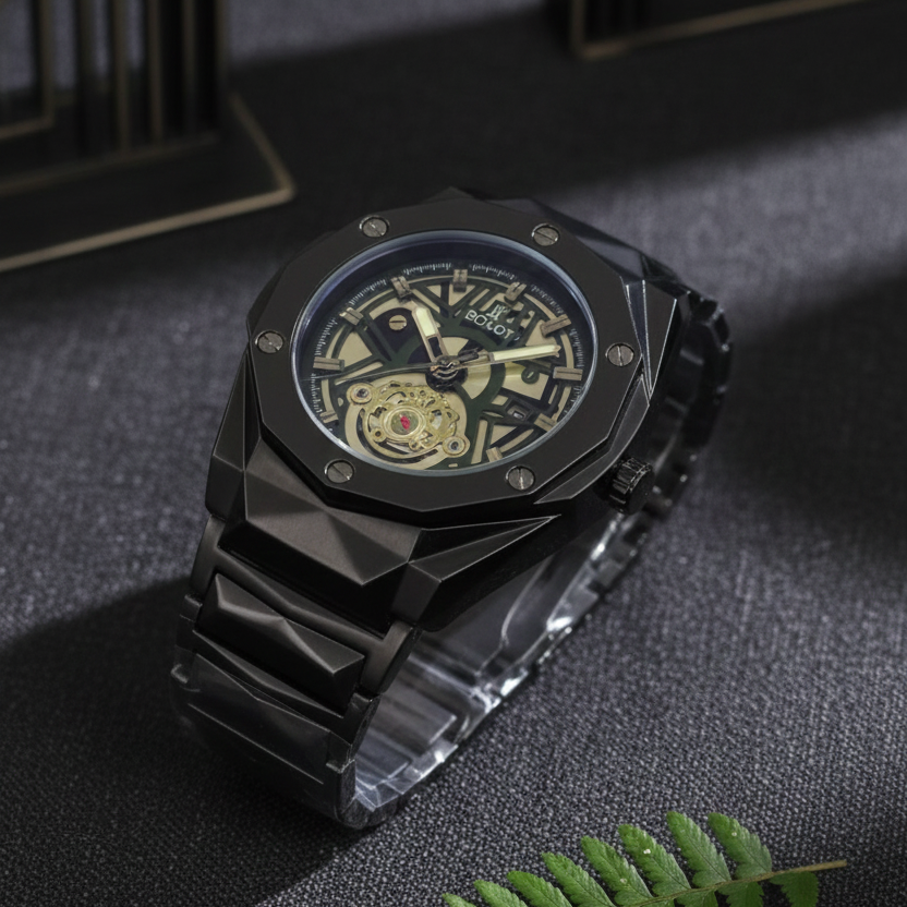 HB Men's Automatic Skeleton Wristwatch | Industrial-Chic Stainless Steel ( without box) Case with Genuine Leather Strap | Self-Winding Mechanical Movement ( BLACK )
