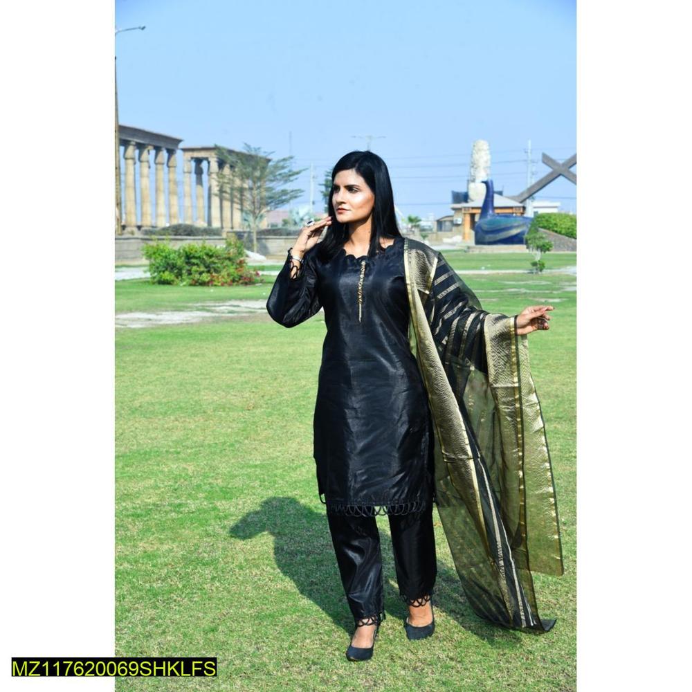 Black Katan Silk 3-Piece Unstitched Suit with Organza Dupatta